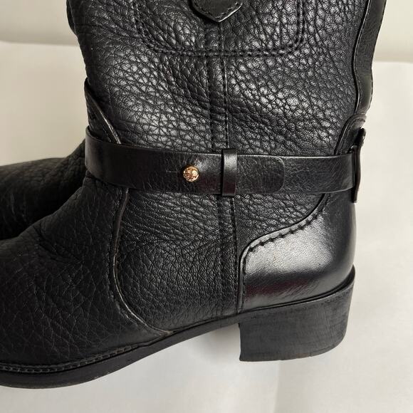 Tory Burch Leona Black Pebbled Leather Mid Calf Moto Boots Size 8 M - Picture 3 of 15